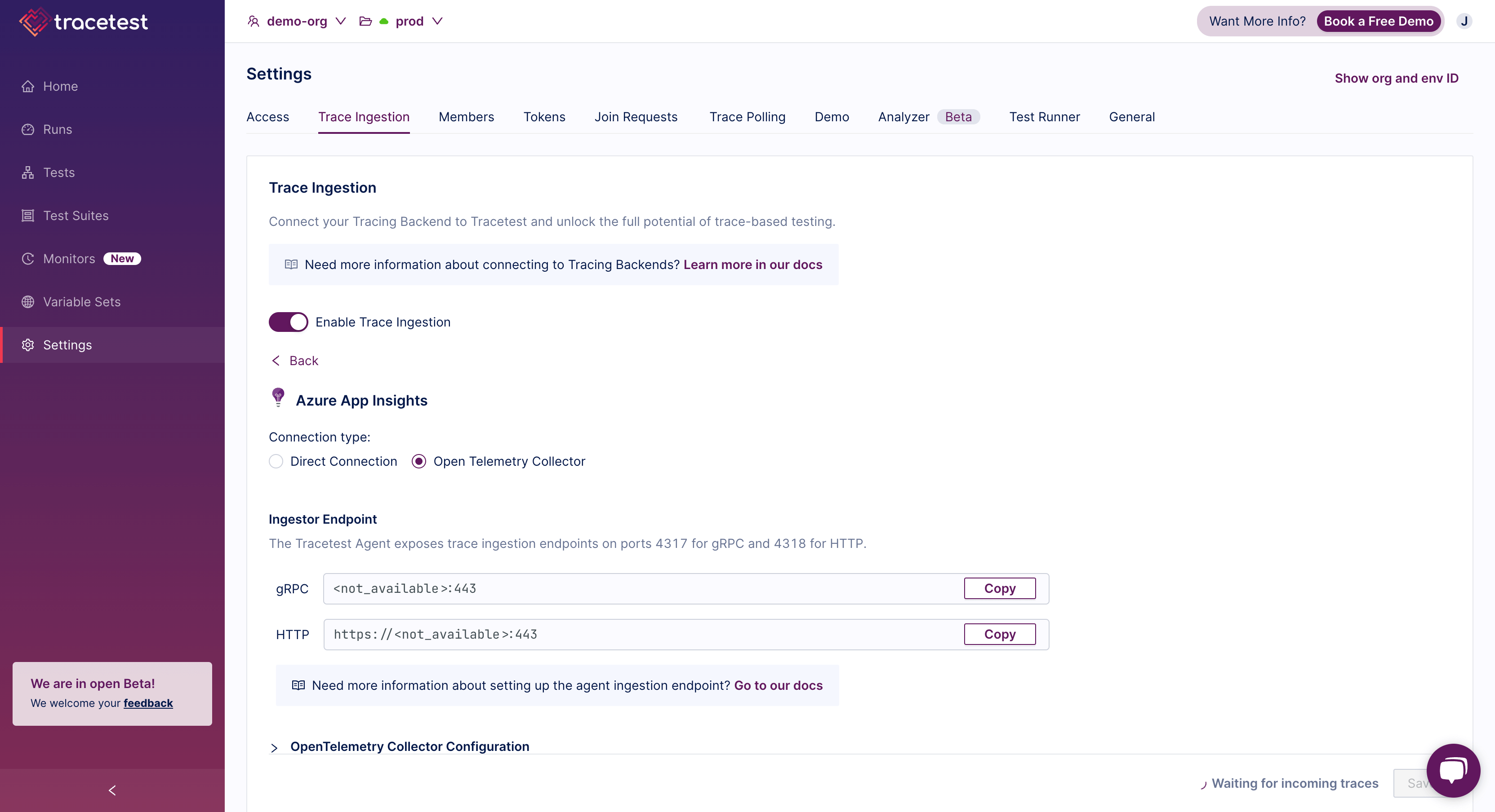 Trace Ingestion Settings OpenTelemetry Collector