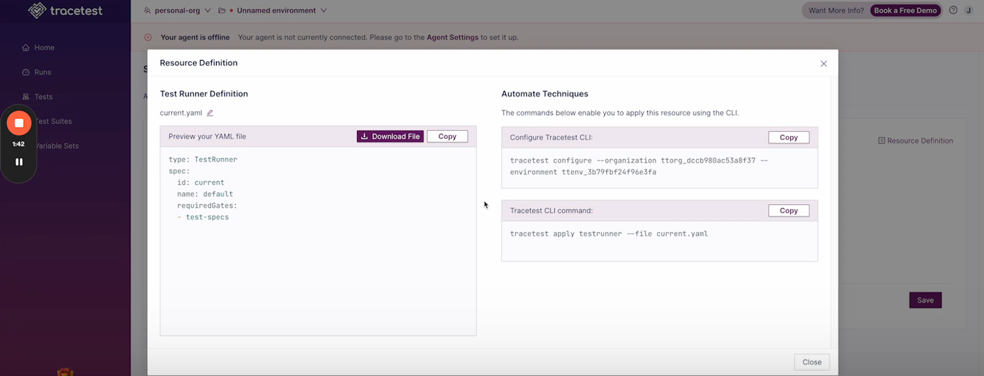 Test Runner Resource Definition Modal