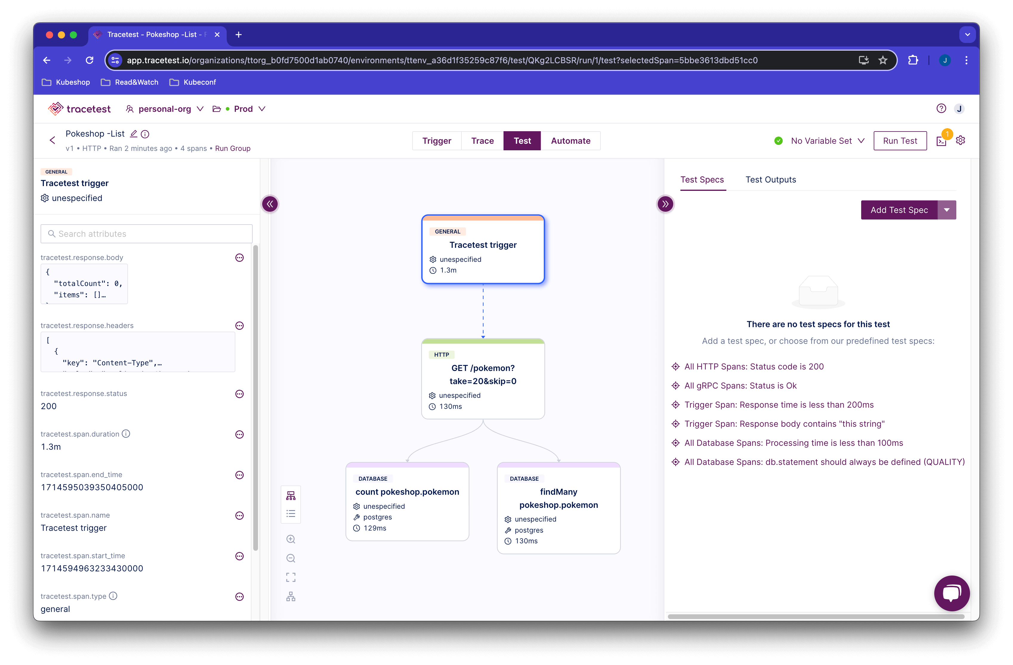 Tracetest distributed trace test run view